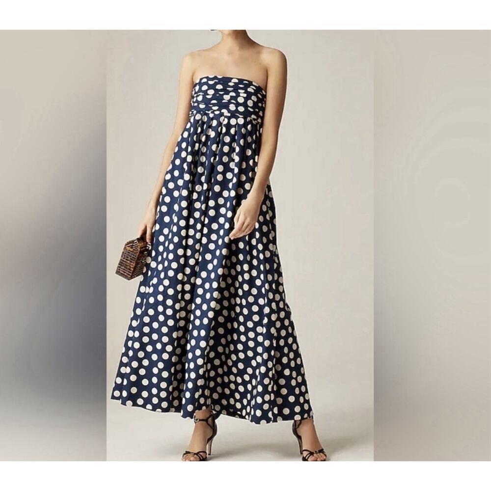 J. Crew Collection Strapless Bow-back Maxi Dress Navy PolkaDot Size 6 - Picture 2 of 6